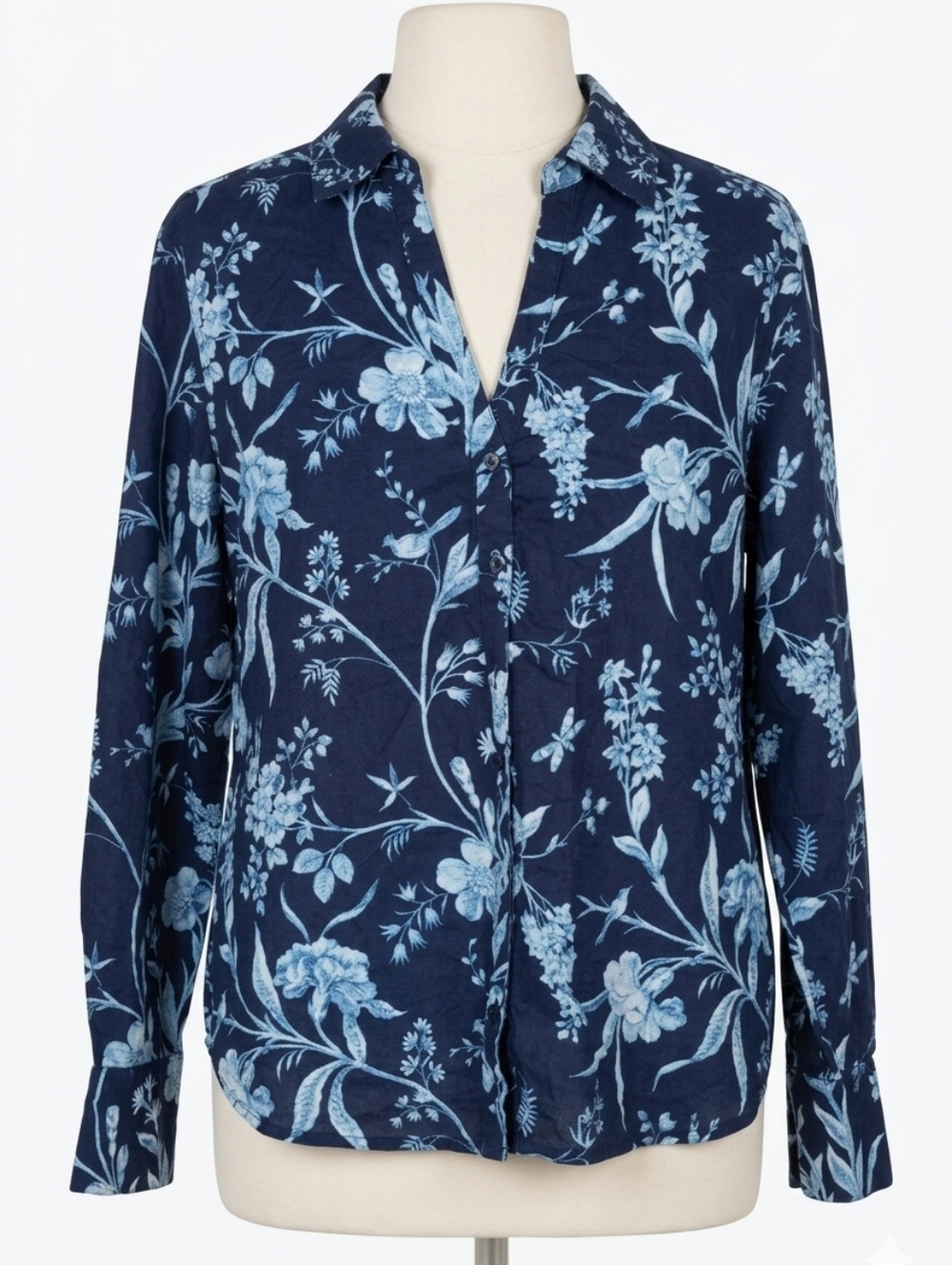 Laura Ashley Navy Floral Linen Cotton Embroidered Button Blouse Size L